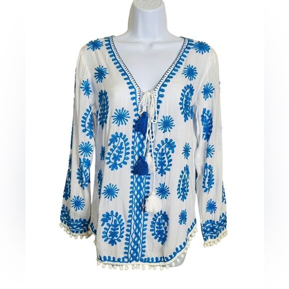 Pranella Blue And White Tassel Blouse Rayon Cover Up Blue Threading Size 4 - Picture 1 of 10